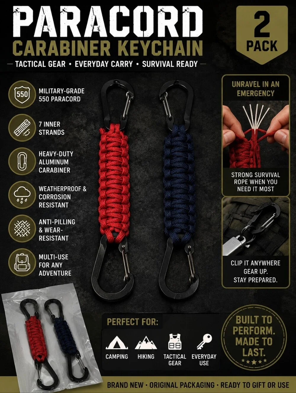 🍎2 New Outdoor Carabiner Military Paracord Rope Keychain Braided Lanyard Hanger